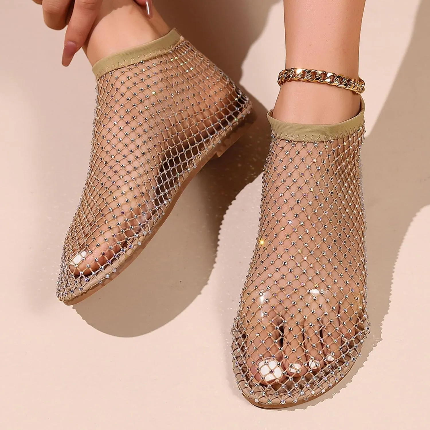 2025 Ultra Comfortable Mesh Flats for Women, Shiny Gem Mesh Ballet Flats, Sexy Slip on Stretchy Rhinestone Fishnet Sandals