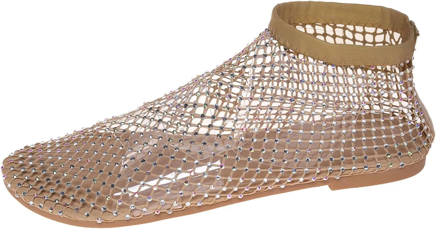 2025 Ultra Comfortable Mesh Flats for Women, Shiny Gem Mesh Ballet Flats, Sexy Slip on Stretchy Rhinestone Fishnet Sandals