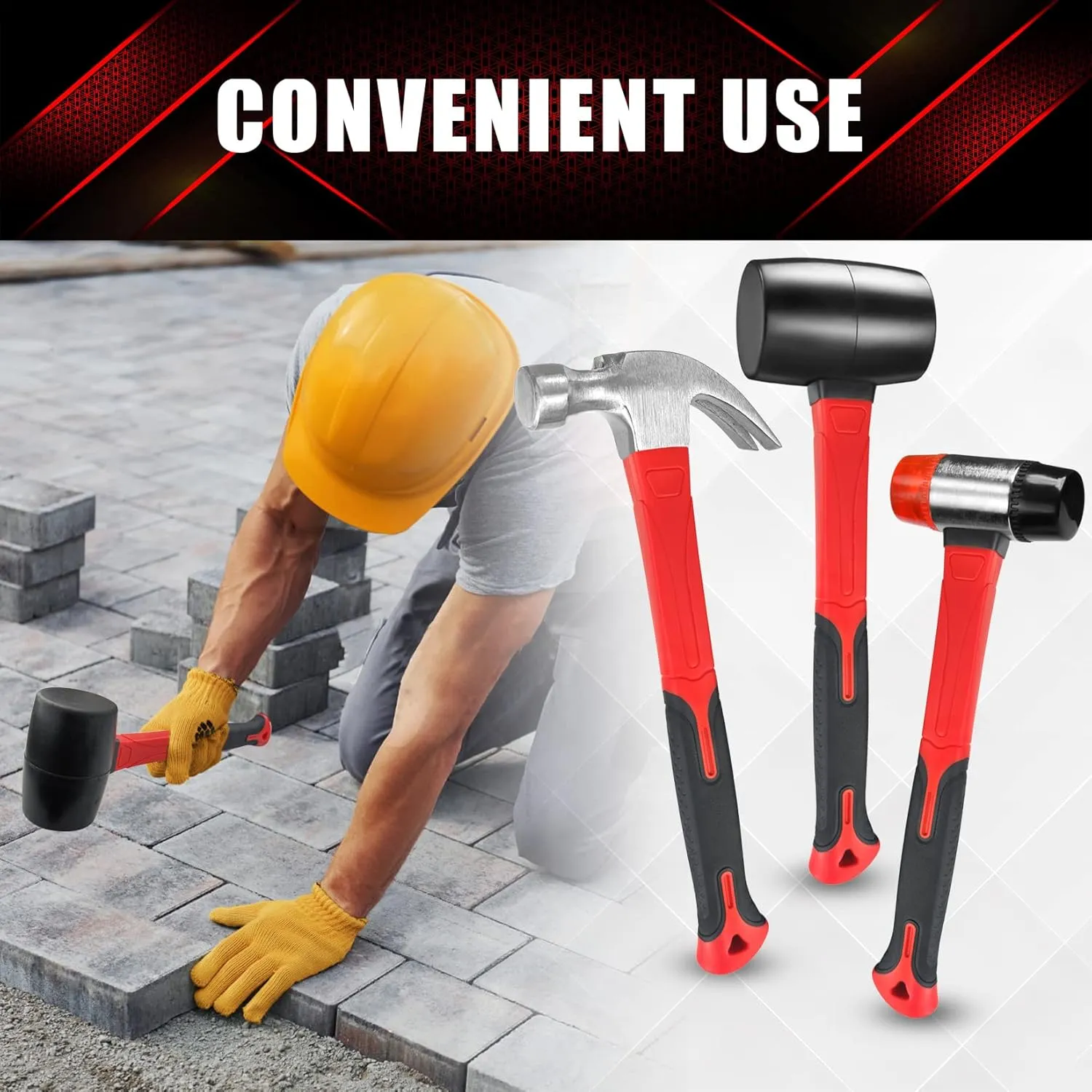 3 Pcs Hammer Set,16oz Rubber Mallet,16oz Claw Hammer and 40mm Double Faced Soft Hammer With Shock Reduction Grip Fit for Indoor and Outdoor Furniture Decoration