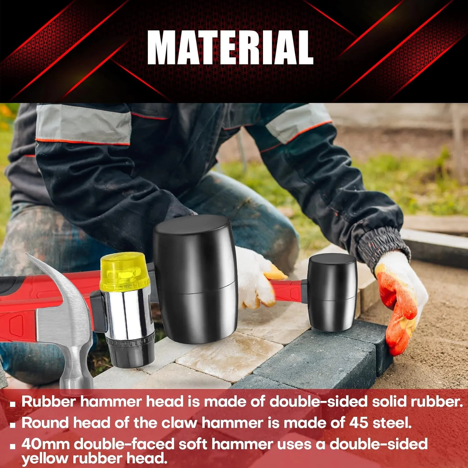 3 Pcs Hammer Set,16oz Rubber Mallet,16oz Claw Hammer and 40mm Double Faced Soft Hammer With Shock Reduction Grip Fit for Indoor and Outdoor Furniture Decoration
