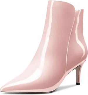Aachcol Women Ankle Boots Short Bootie Close Pointed Toe Slip-on Stiletto Mid Heel Patent Zipper 2.5 Inch