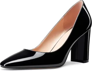 Aachcol Women Square Toe Pumps Chunky Block Mid Heel Slip-on Dress Shoes Office 3 Inch