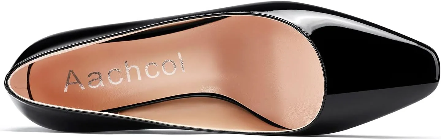 Aachcol Women Square Toe Pumps Chunky Block Mid Heel Slip-on Dress Shoes Office 3 Inch