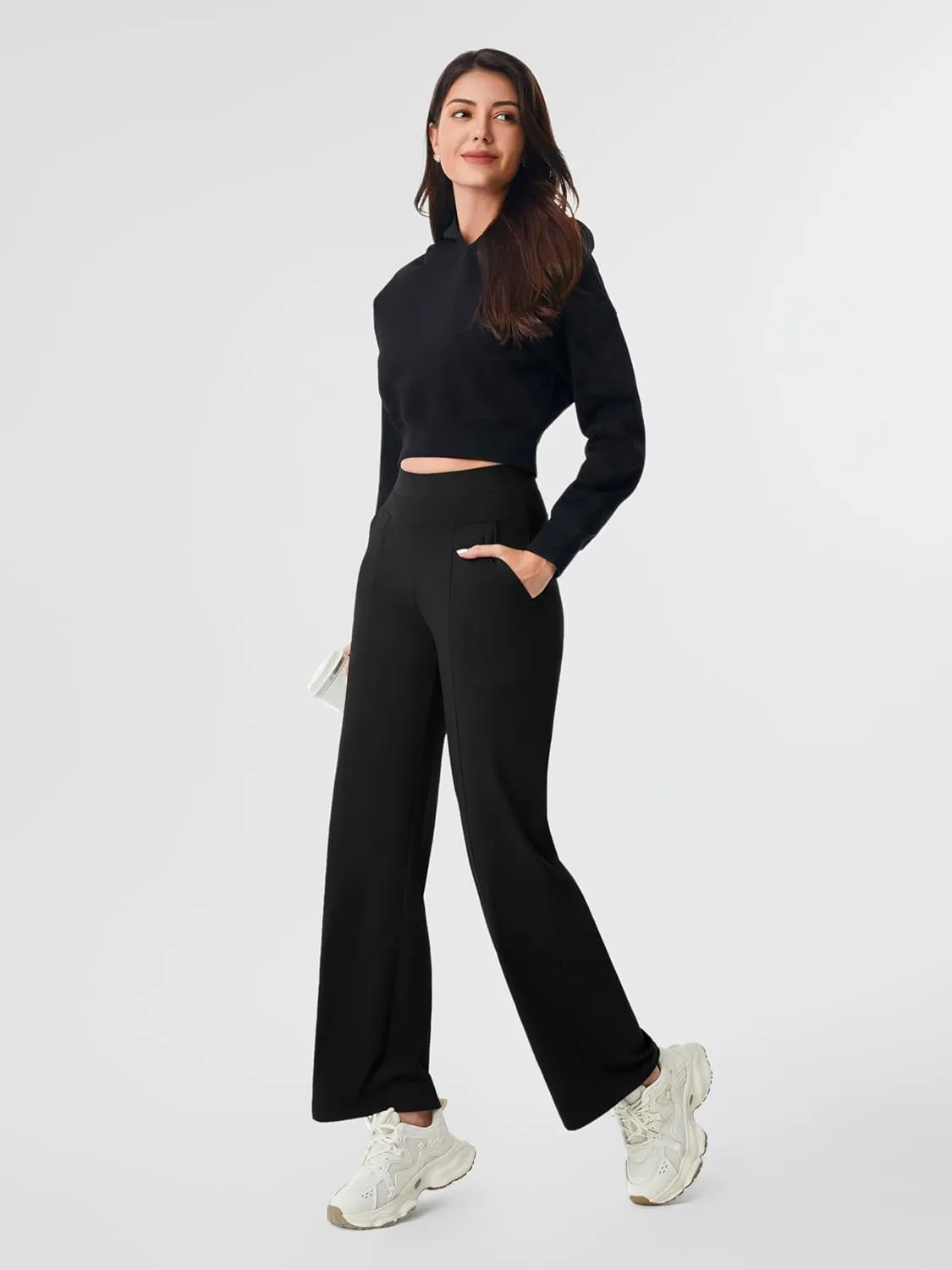 AFITNE Women’s Wide Leg Yoga Pants with Pockets 29”/31” Stretchy High Waist Pull On Wideleg Pants Casual Lounge Trousers