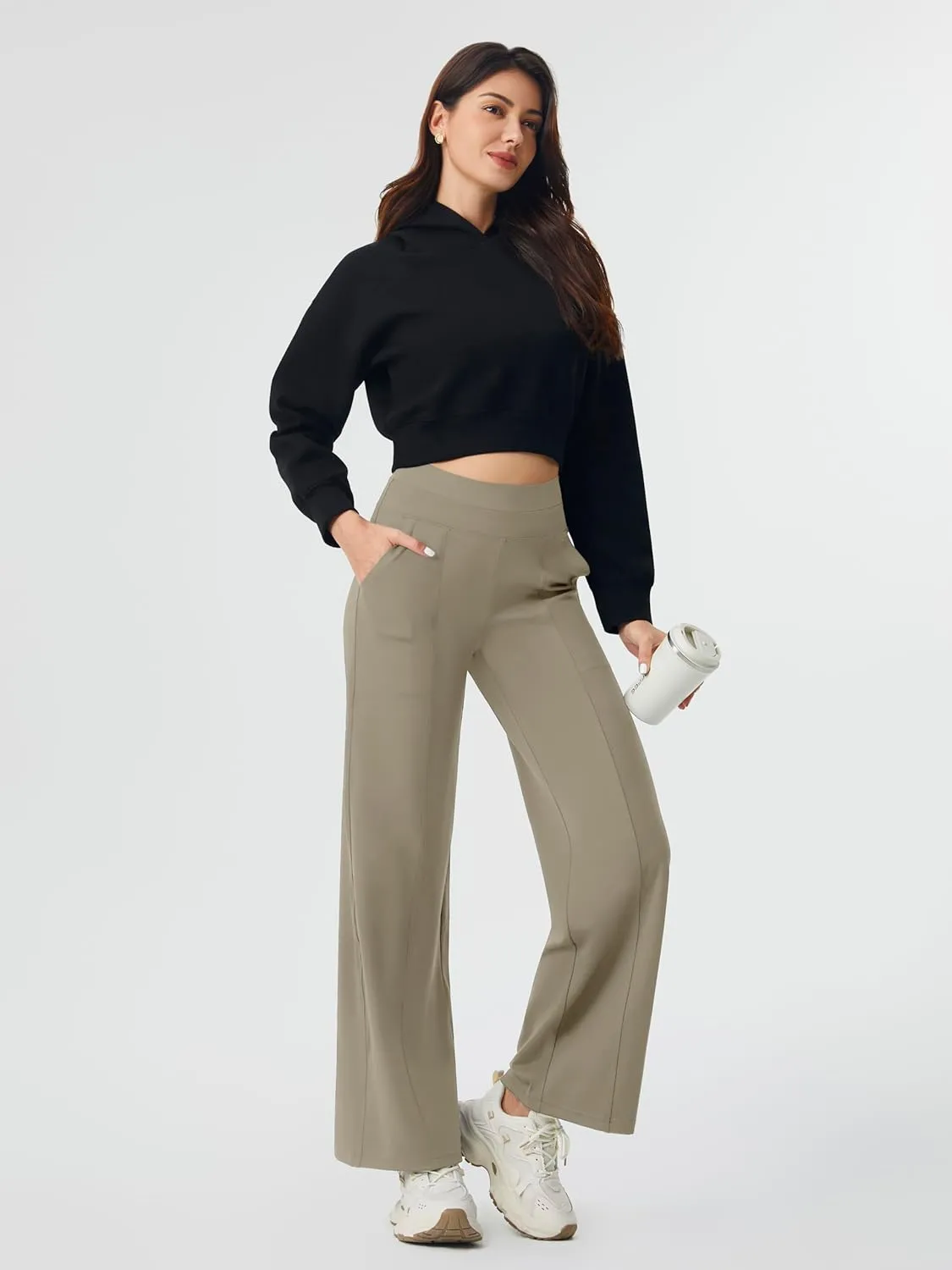 AFITNE Women’s Wide Leg Yoga Pants with Pockets 29”/31” Stretchy High Waist Pull On Wideleg Pants Casual Lounge Trousers