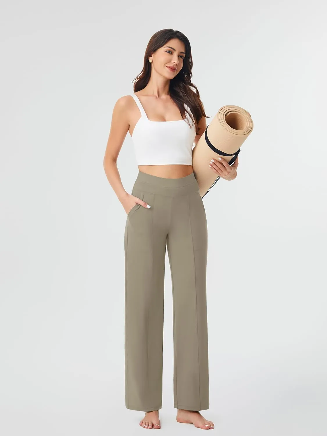 AFITNE Women’s Wide Leg Yoga Pants with Pockets 29”/31” Stretchy High Waist Pull On Wideleg Pants Casual Lounge Trousers