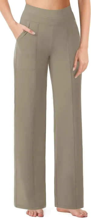 AFITNE Women’s Wide Leg Yoga Pants with Pockets 29”/31” Stretchy High Waist Pull On Wideleg Pants Casual Lounge Trousers