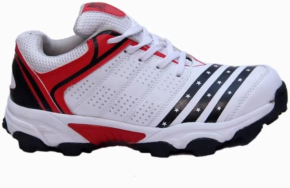 All Rounder FIRE Fly Men's Cricket Sports Shoes in PU with Rubber Sole Light Weight Color (White Red & White Blue)