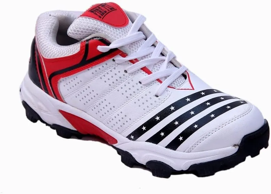 All Rounder FIRE Fly Men's Cricket Sports Shoes in PU with Rubber Sole Light Weight Color (White Red & White Blue)