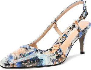 AMBELIGHT Womens Slingback Patent Dress Square Toe Buckle Dating Stiletto Mid Heel Pumps Shoes 2.5 Inch