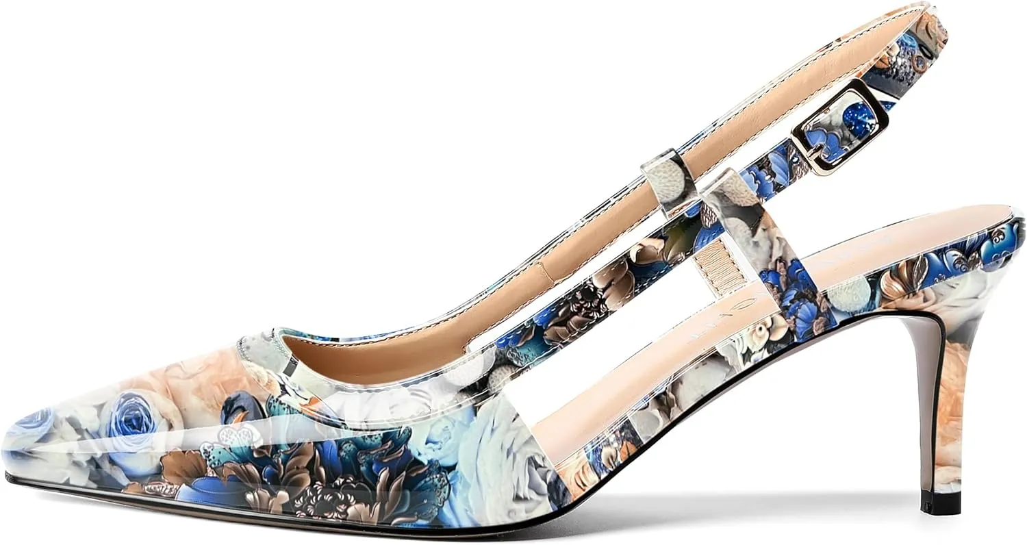 AMBELIGHT Womens Slingback Patent Dress Square Toe Buckle Dating Stiletto Mid Heel Pumps Shoes 2.5 Inch