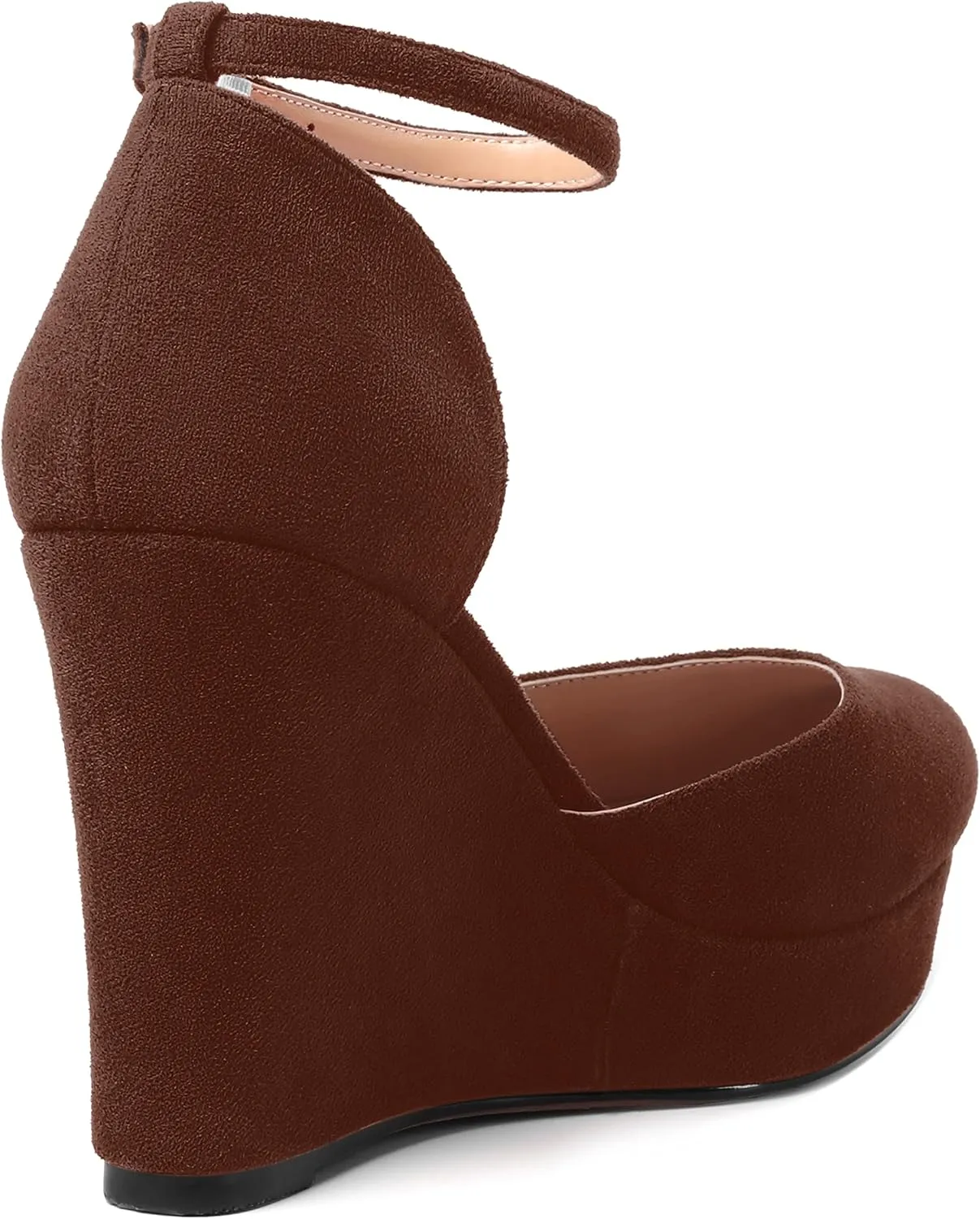 AMBELIGHT Womens Suede Solid Cute Round Toe Party Platform Ankle Strap Buckle Wedge High Heel Pumps Shoes 4 Inch