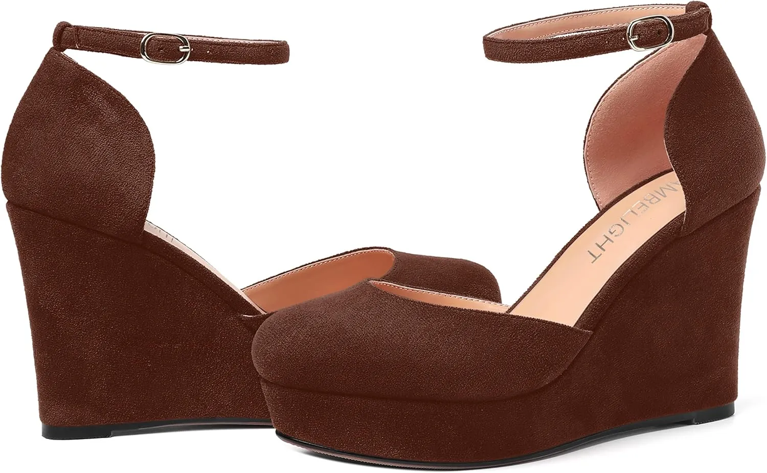 AMBELIGHT Womens Suede Solid Cute Round Toe Party Platform Ankle Strap Buckle Wedge High Heel Pumps Shoes 4 Inch