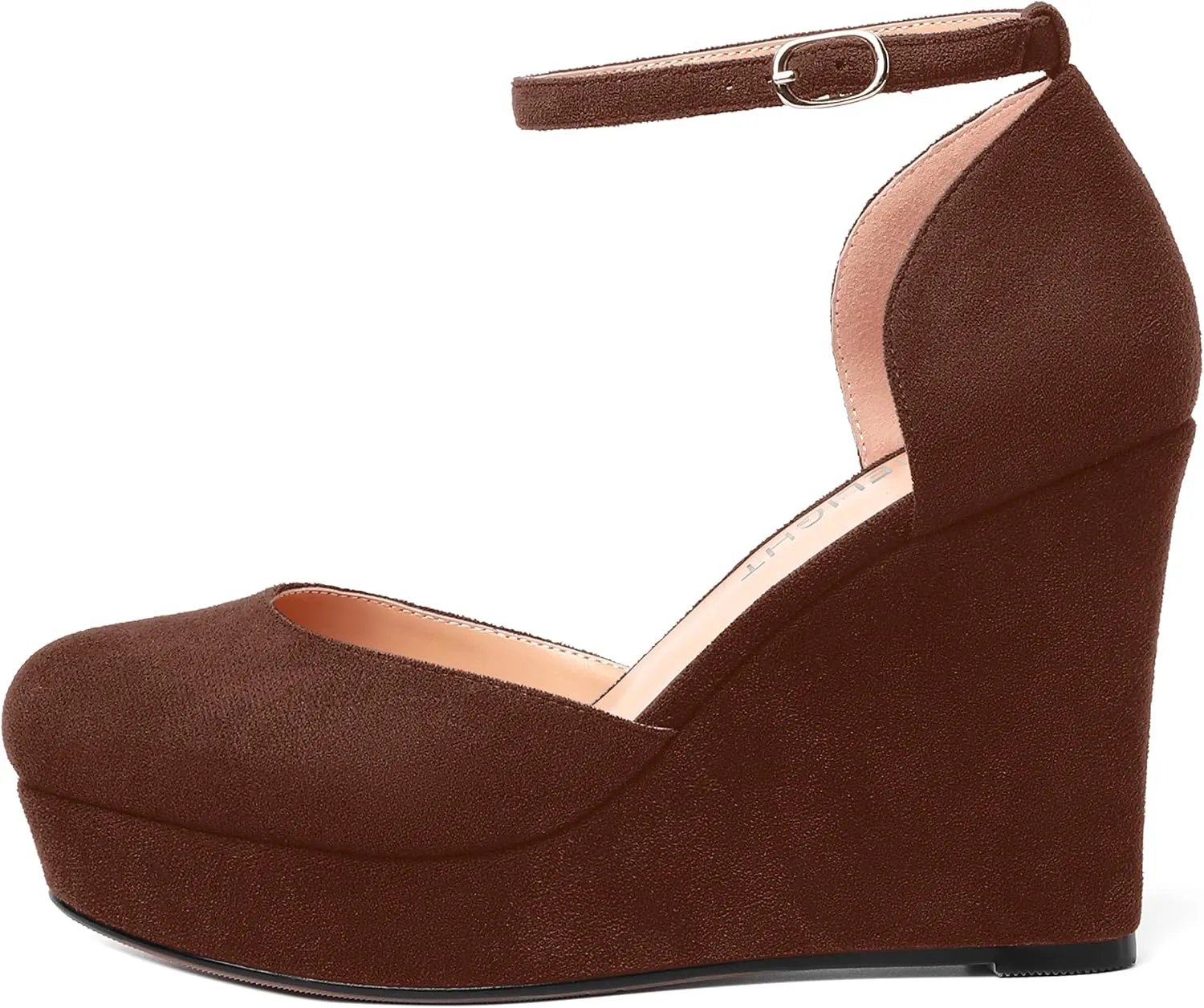 AMBELIGHT Womens Suede Solid Cute Round Toe Party Platform Ankle Strap Buckle Wedge High Heel Pumps Shoes 4 Inch