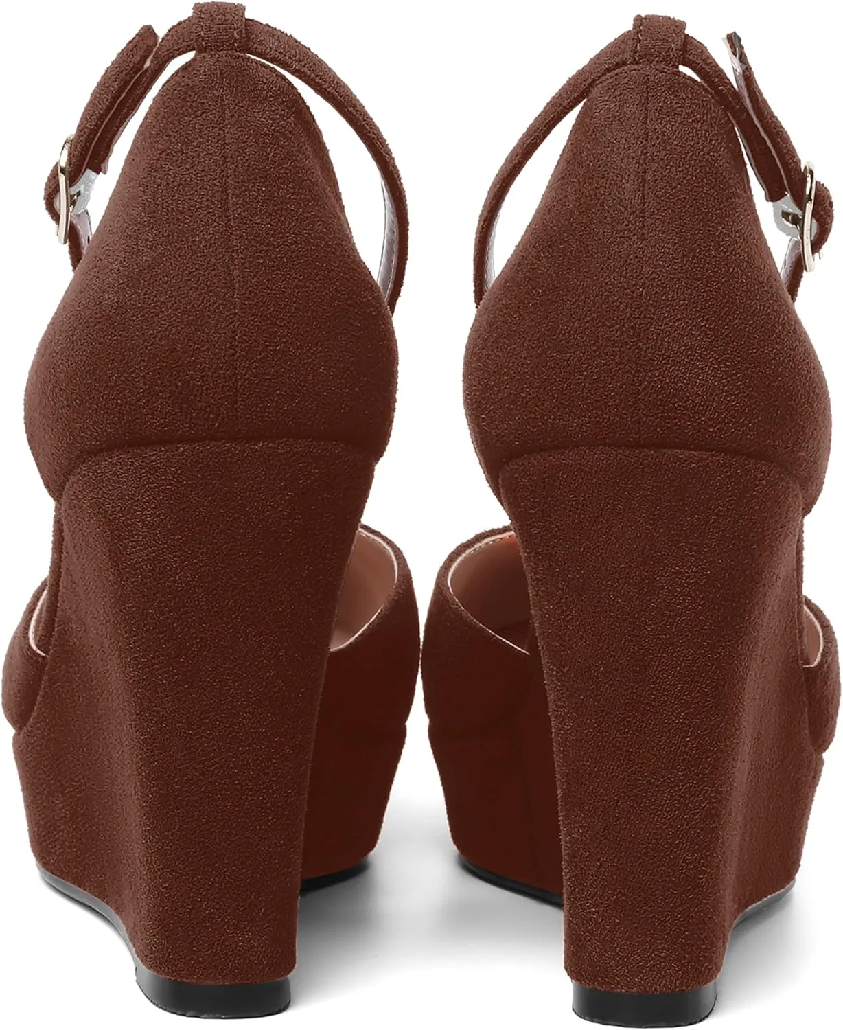 AMBELIGHT Womens Suede Solid Cute Round Toe Party Platform Ankle Strap Buckle Wedge High Heel Pumps Shoes 4 Inch