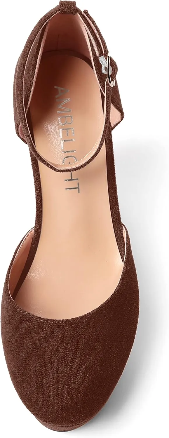 AMBELIGHT Womens Suede Solid Cute Round Toe Party Platform Ankle Strap Buckle Wedge High Heel Pumps Shoes 4 Inch