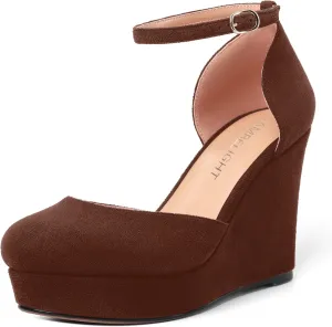AMBELIGHT Womens Suede Solid Cute Round Toe Party Platform Ankle Strap Buckle Wedge High Heel Pumps Shoes 4 Inch