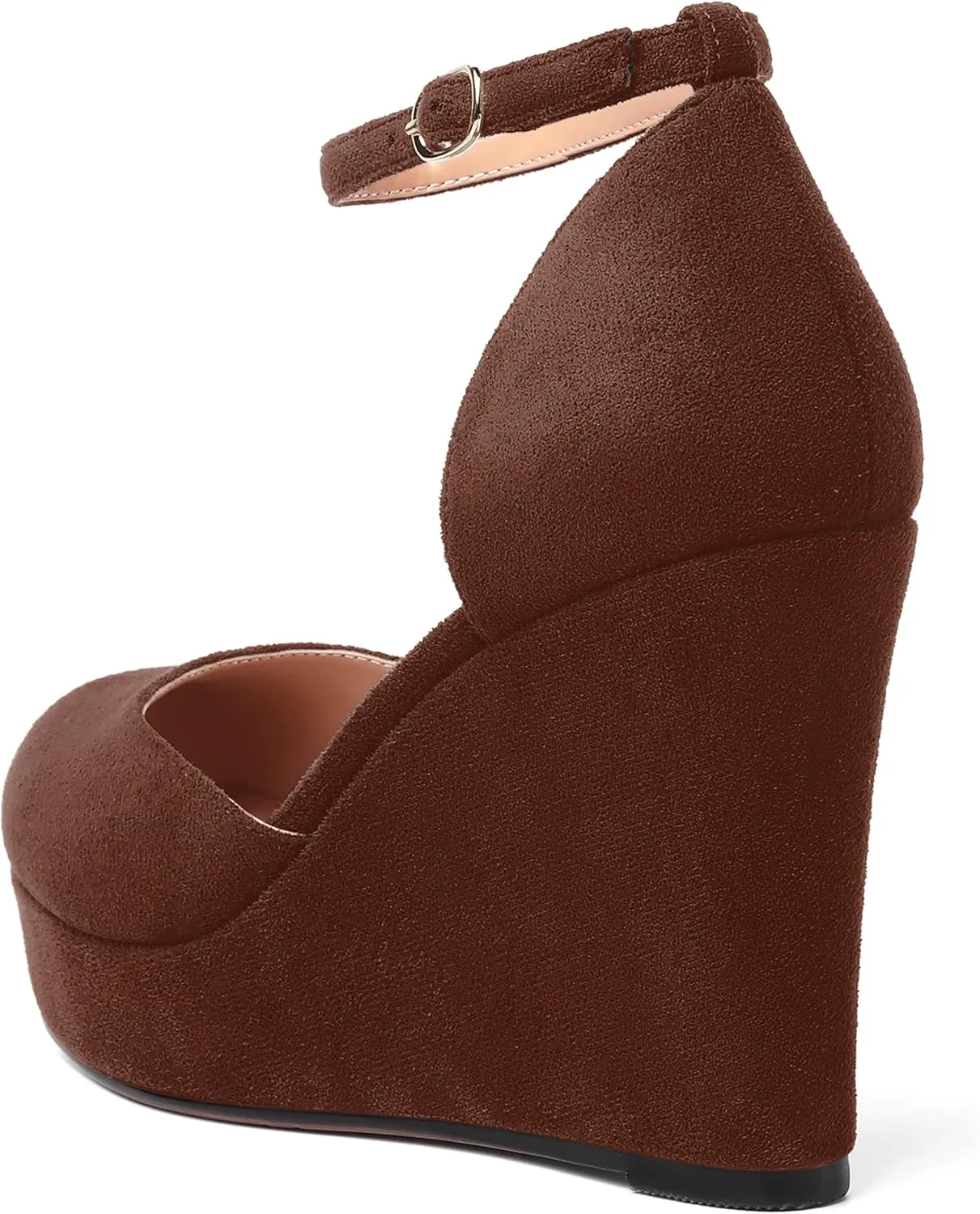 AMBELIGHT Womens Suede Solid Cute Round Toe Party Platform Ankle Strap Buckle Wedge High Heel Pumps Shoes 4 Inch