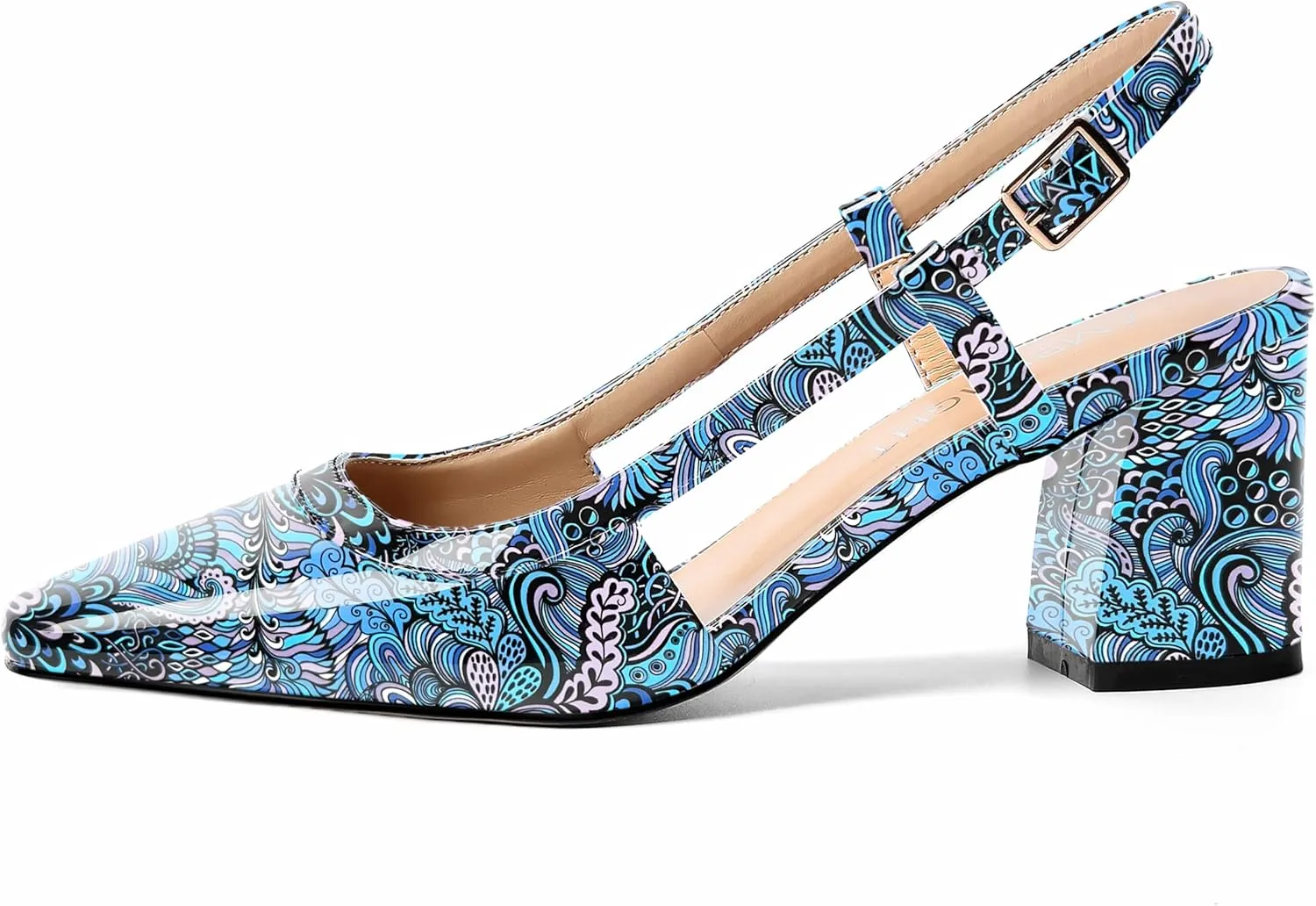 AMBELIGHT Womens Wedding Solid Slingback Square Toe Patent Dress Buckle Chunky Mid Heel Pumps Shoes 2.5 Inch