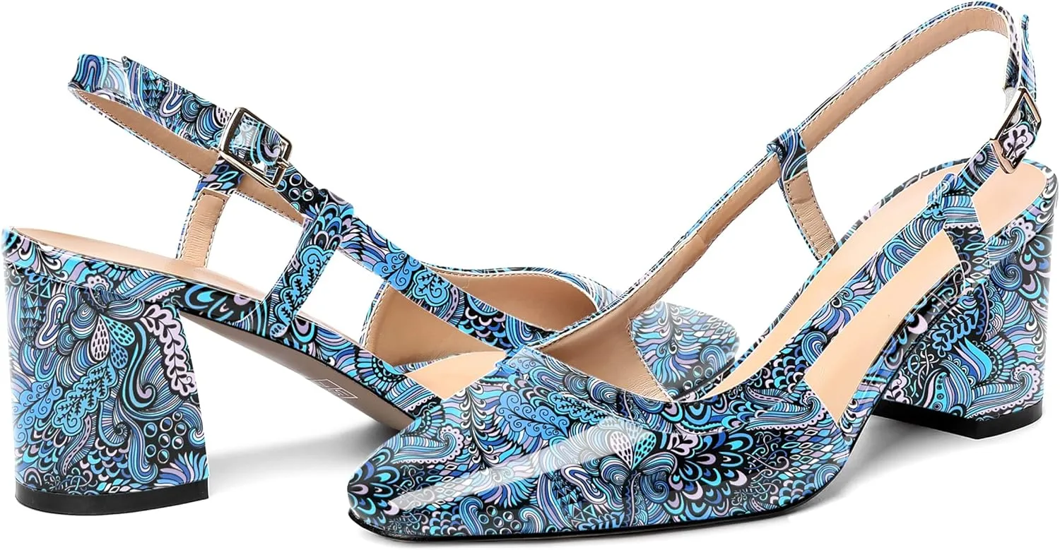 AMBELIGHT Womens Wedding Solid Slingback Square Toe Patent Dress Buckle Chunky Mid Heel Pumps Shoes 2.5 Inch