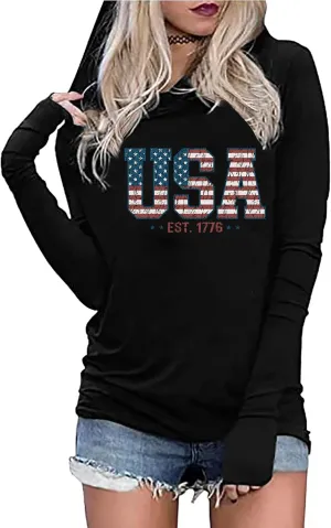 American Flag Hoodie for Women: 4th of July Shirts Patriotic Long Sleeve Memoria Day Hoodie Pullover Tops