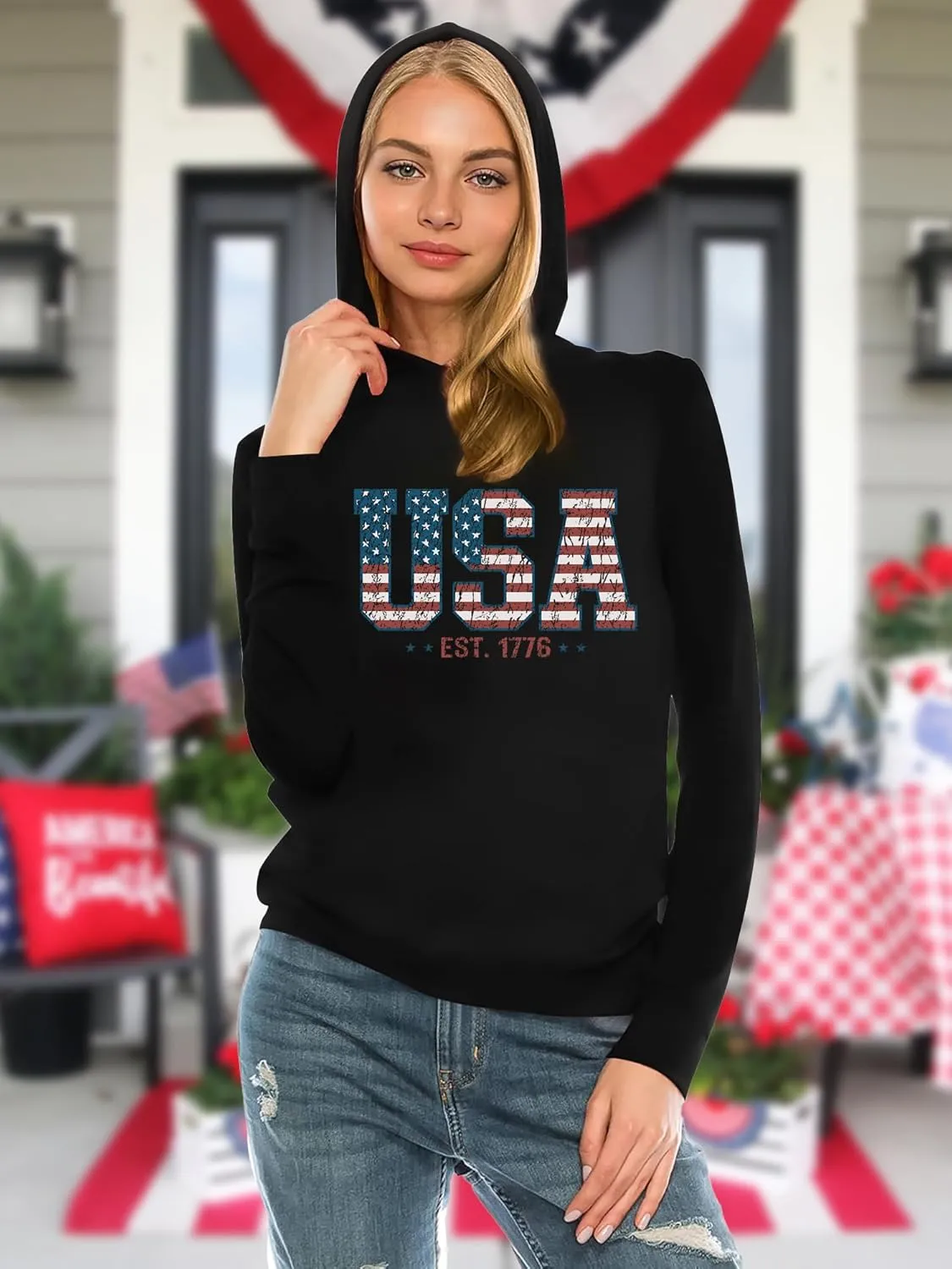 American Flag Hoodie for Women: 4th of July Shirts Patriotic Long Sleeve Memoria Day Hoodie Pullover Tops