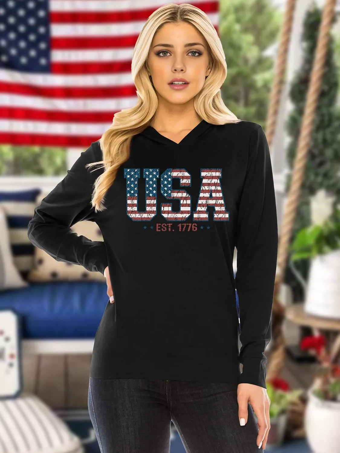 American Flag Hoodie for Women: 4th of July Shirts Patriotic Long Sleeve Memoria Day Hoodie Pullover Tops