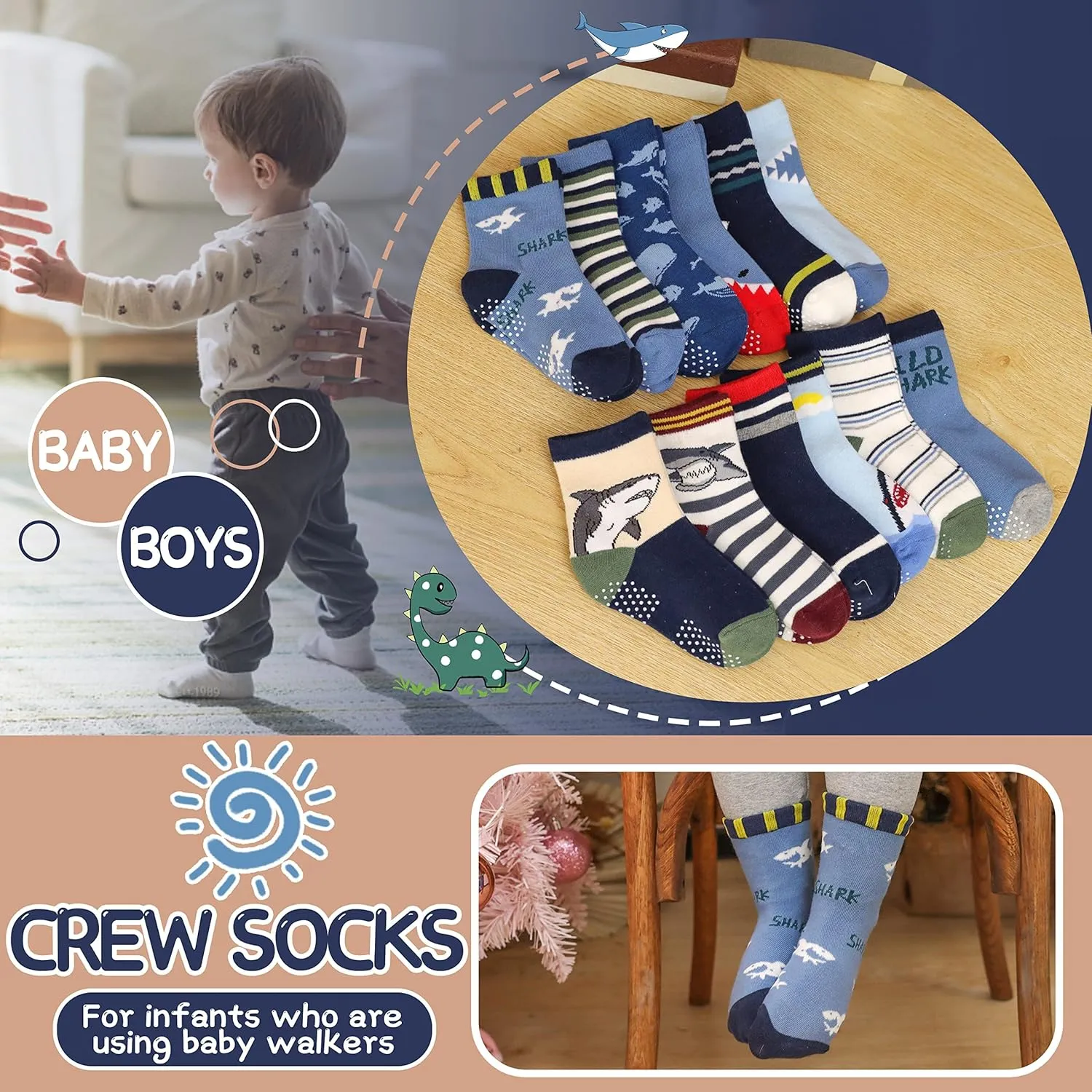 ANTSANG Baby Boys Grips Socks Kids Toddlers Infants Non Slip/Anti Skid Crew Cotton Socks