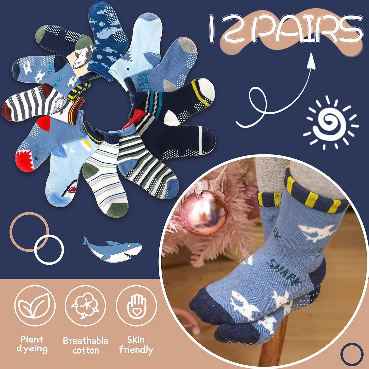 ANTSANG Baby Boys Grips Socks Kids Toddlers Infants Non Slip/Anti Skid Crew Cotton Socks