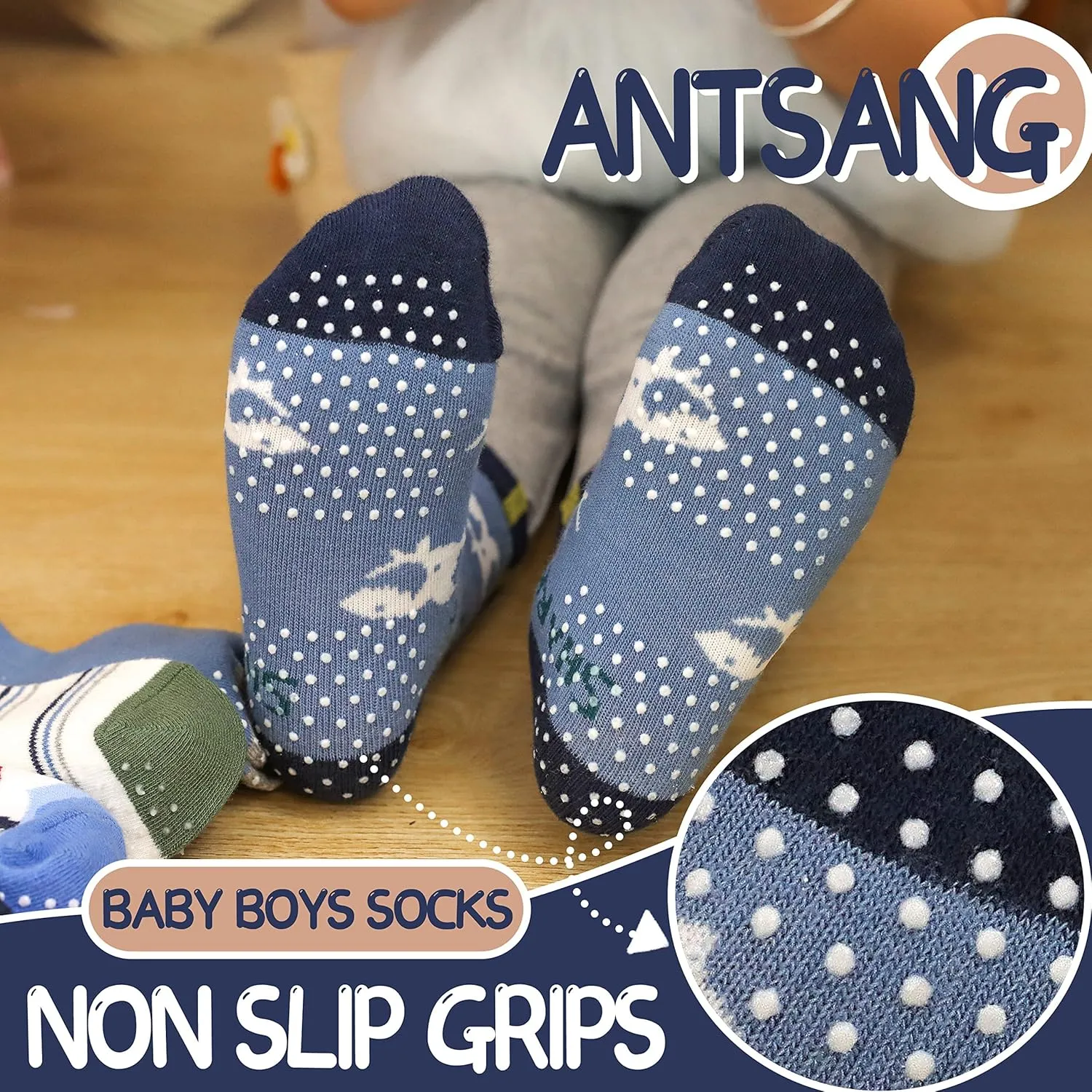 ANTSANG Baby Boys Grips Socks Kids Toddlers Infants Non Slip/Anti Skid Crew Cotton Socks