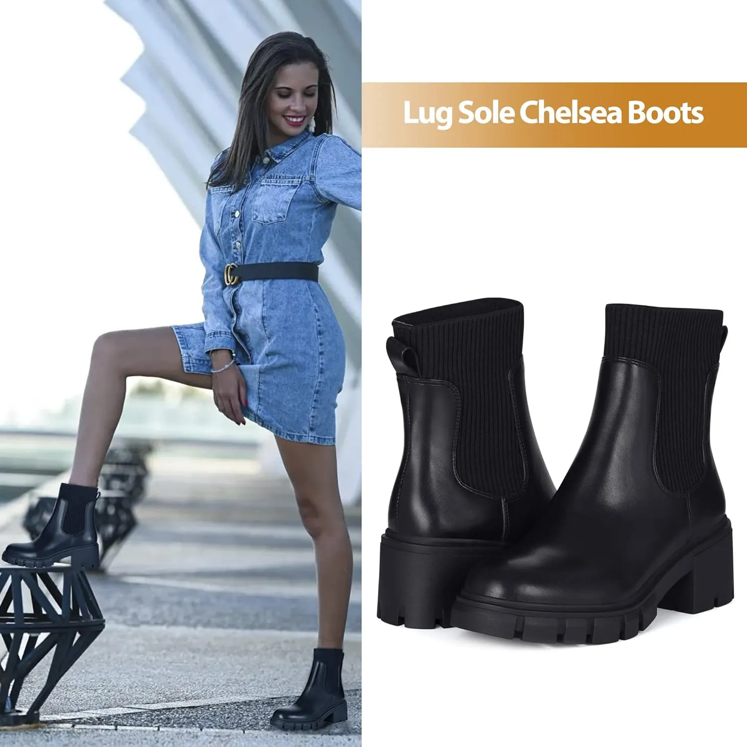 Athlefit Women's Chelsea Boots Fashion Slip on Platform Ankle Boots Lug Sole Chunky Booties
