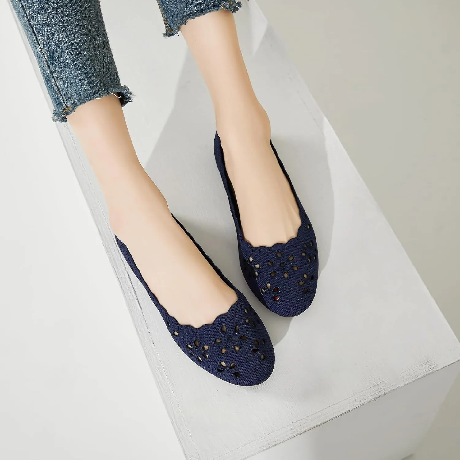 BABUDOG Knit Ballet Flats Shoes for Women,Womens Flats Dressy Comfortable,Women’s Dress Shoes with Flower Eyelets,Slip on Casual Walking Flats