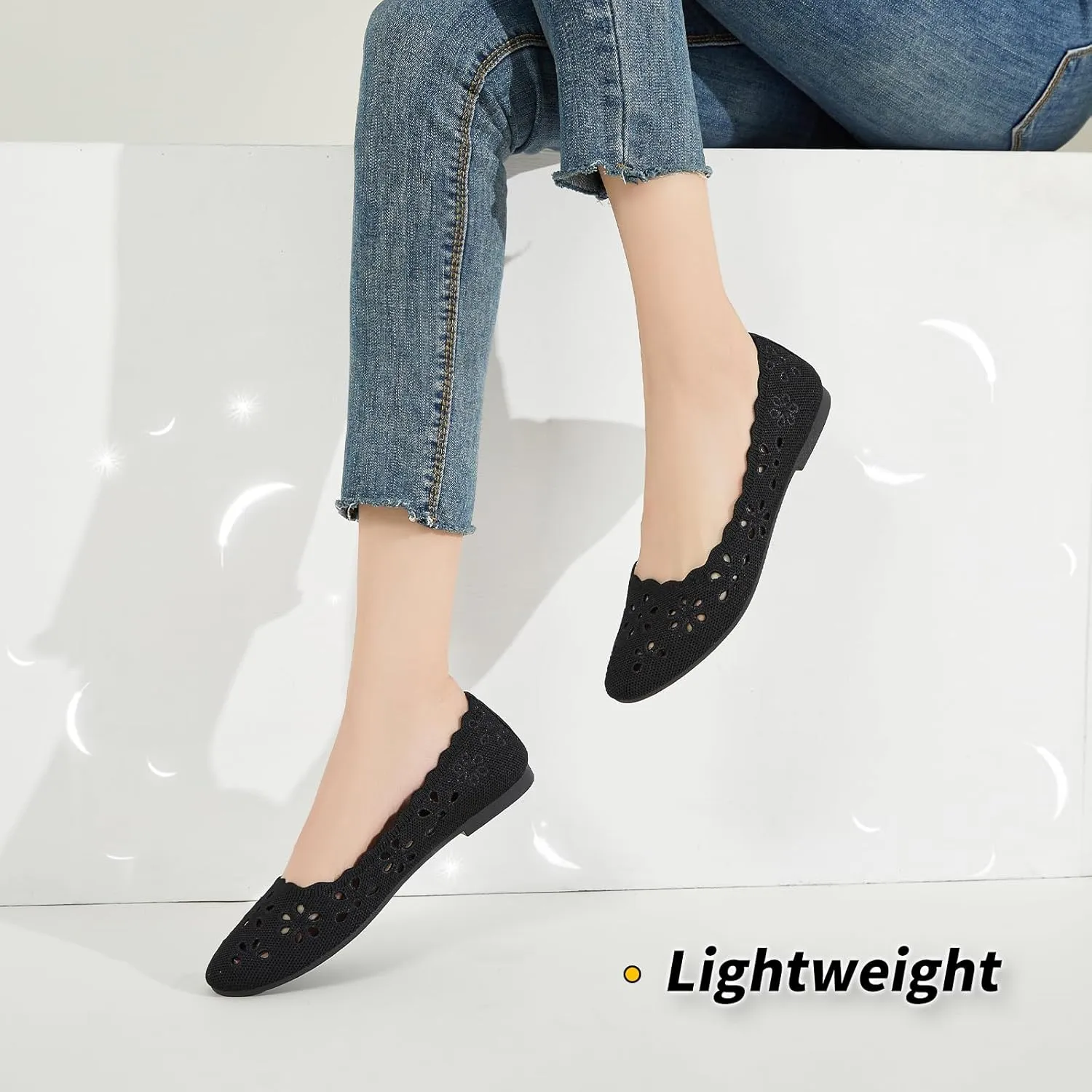 BABUDOG Knit Ballet Flats Shoes for Women,Womens Flats Dressy Comfortable,Women’s Dress Shoes with Flower Eyelets,Slip on Casual Walking Flats