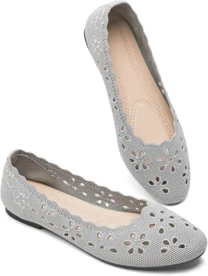 BABUDOG Knit Ballet Flats Shoes for Women,Womens Flats Dressy Comfortable,Women’s Dress Shoes with Flower Eyelets,Slip on Casual Walking Flats