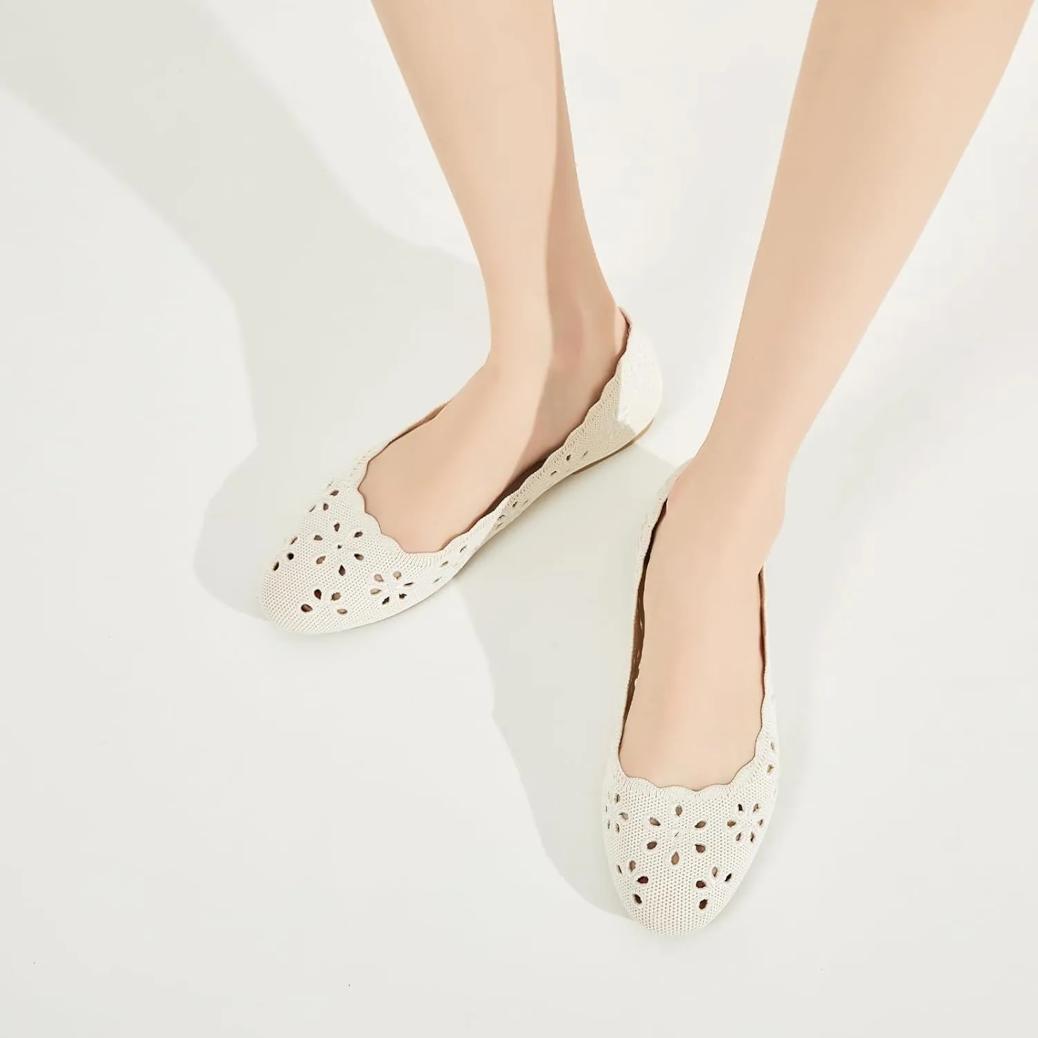 BABUDOG Knit Ballet Flats Shoes for Women,Womens Flats Dressy Comfortable,Women’s Dress Shoes with Flower Eyelets,Slip on Casual Walking Flats