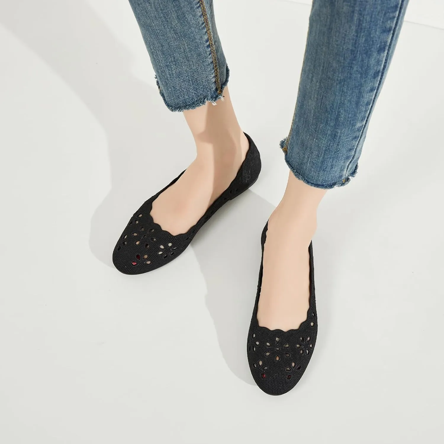BABUDOG Knit Ballet Flats Shoes for Women,Womens Flats Dressy Comfortable,Women’s Dress Shoes with Flower Eyelets,Slip on Casual Walking Flats