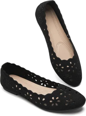 BABUDOG Knit Ballet Flats Shoes for Women,Womens Flats Dressy Comfortable,Women’s Dress Shoes with Flower Eyelets,Slip on Casual Walking Flats