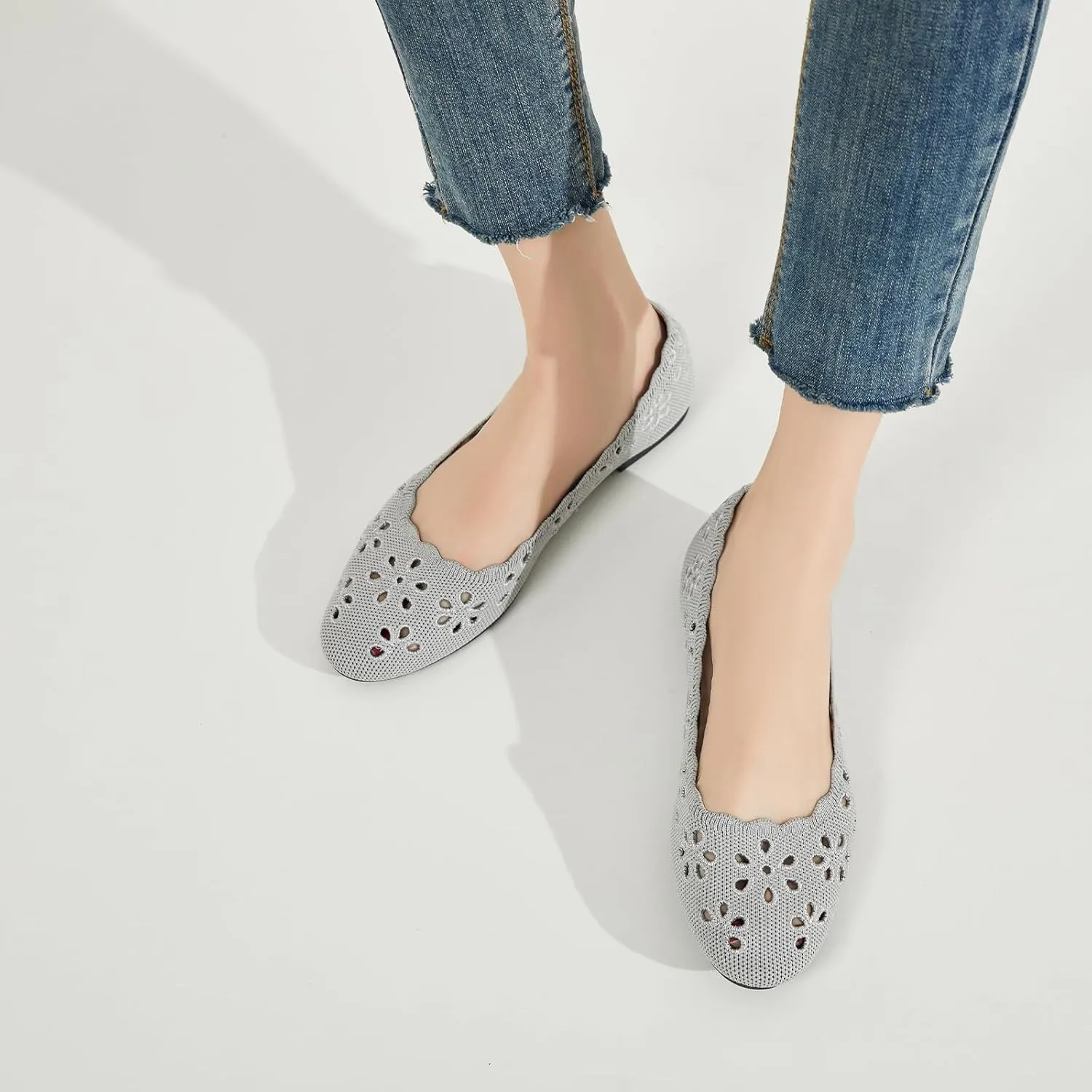 BABUDOG Knit Ballet Flats Shoes for Women,Womens Flats Dressy Comfortable,Women’s Dress Shoes with Flower Eyelets,Slip on Casual Walking Flats