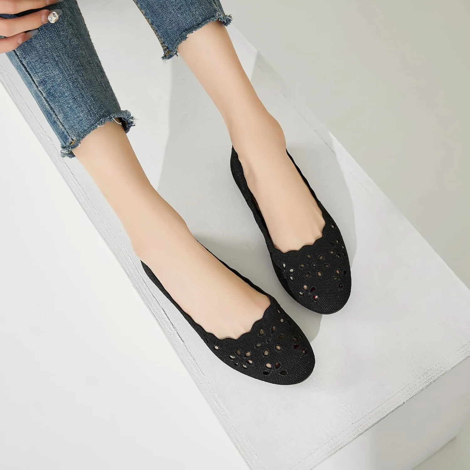 BABUDOG Knit Ballet Flats Shoes for Women,Womens Flats Dressy Comfortable,Women’s Dress Shoes with Flower Eyelets,Slip on Casual Walking Flats