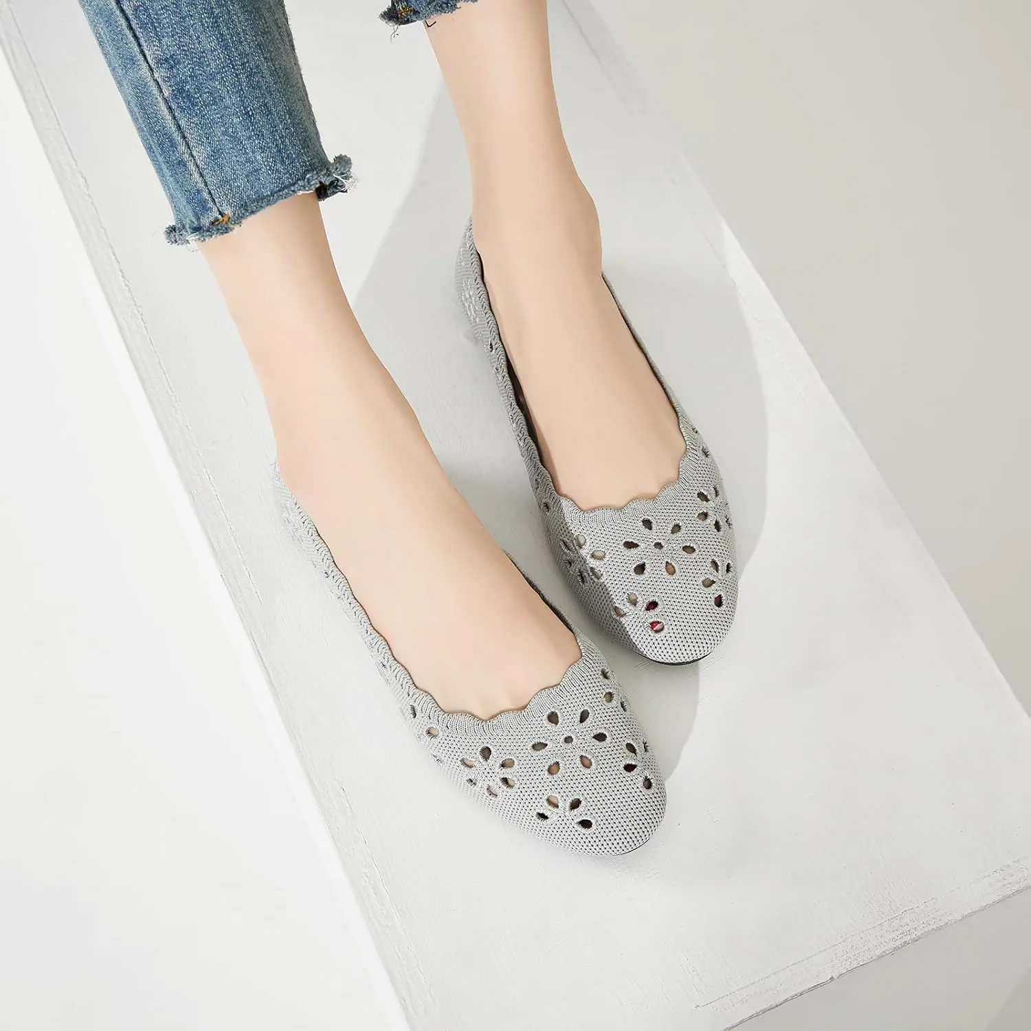 BABUDOG Knit Ballet Flats Shoes for Women,Womens Flats Dressy Comfortable,Women’s Dress Shoes with Flower Eyelets,Slip on Casual Walking Flats