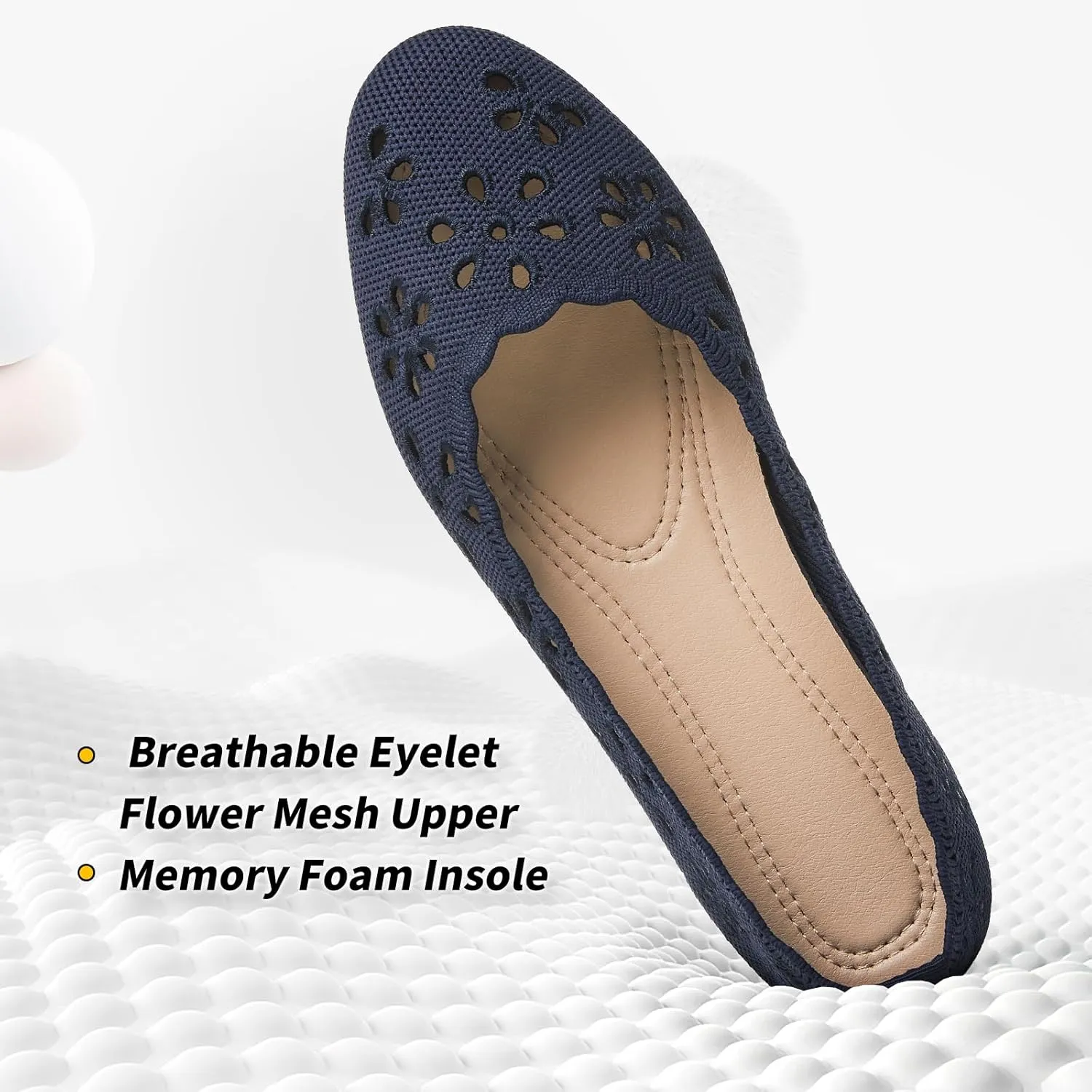 BABUDOG Knit Ballet Flats Shoes for Women,Womens Flats Dressy Comfortable,Women’s Dress Shoes with Flower Eyelets,Slip on Casual Walking Flats