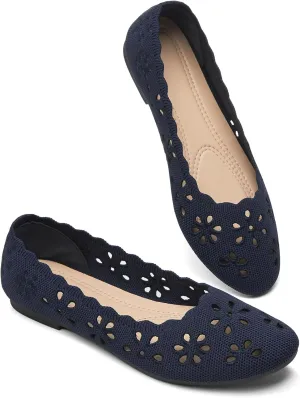 BABUDOG Knit Ballet Flats Shoes for Women,Womens Flats Dressy Comfortable,Women’s Dress Shoes with Flower Eyelets,Slip on Casual Walking Flats