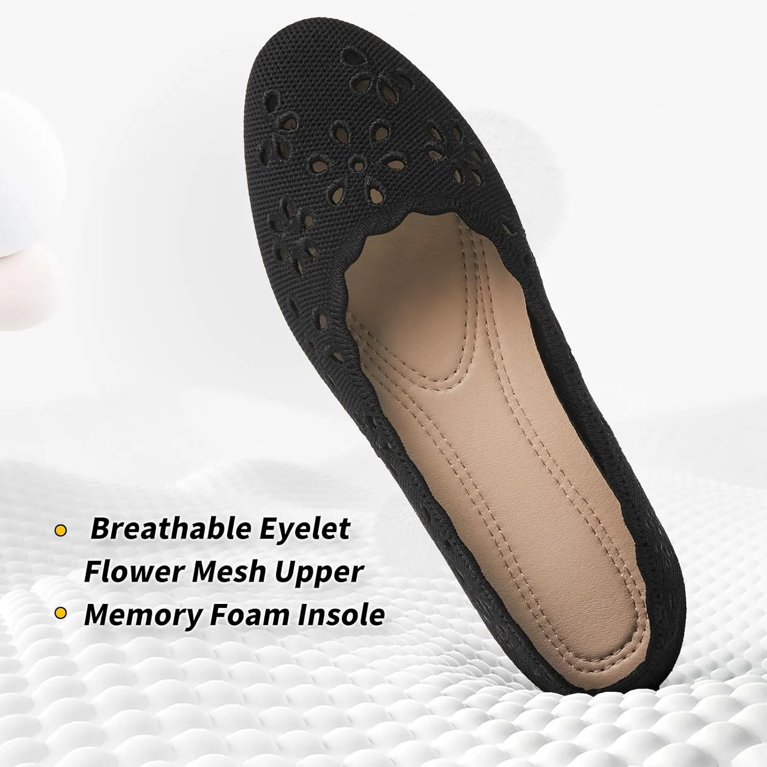 BABUDOG Knit Ballet Flats Shoes for Women,Womens Flats Dressy Comfortable,Women’s Dress Shoes with Flower Eyelets,Slip on Casual Walking Flats