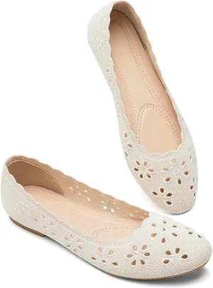BABUDOG Knit Ballet Flats Shoes for Women,Womens Flats Dressy Comfortable,Women’s Dress Shoes with Flower Eyelets,Slip on Casual Walking Flats