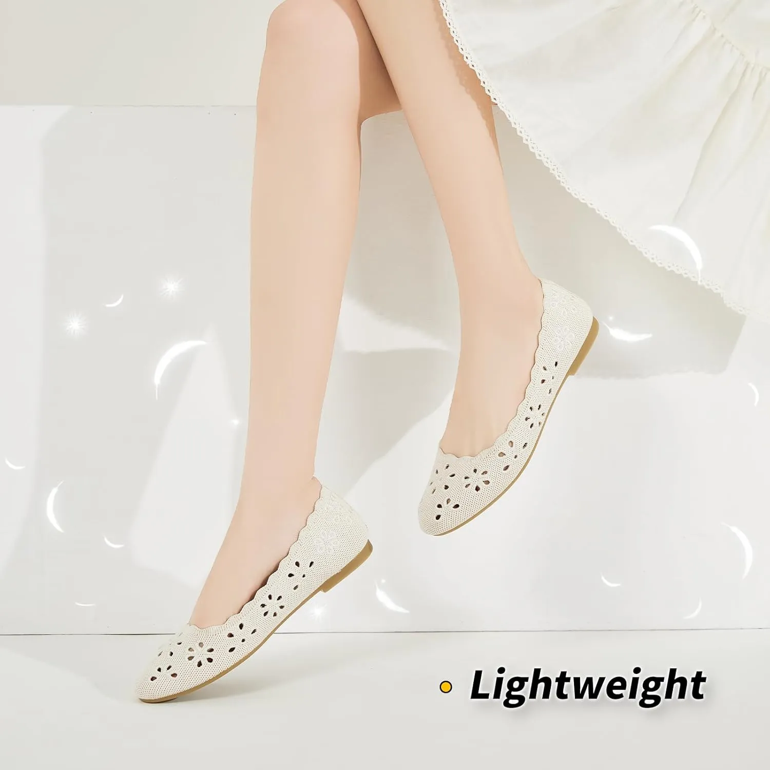 BABUDOG Knit Ballet Flats Shoes for Women,Womens Flats Dressy Comfortable,Women’s Dress Shoes with Flower Eyelets,Slip on Casual Walking Flats