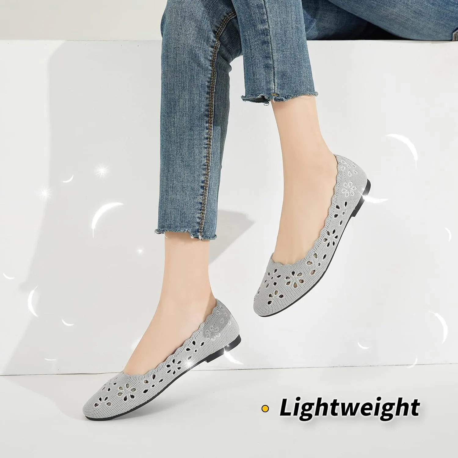 BABUDOG Knit Ballet Flats Shoes for Women,Womens Flats Dressy Comfortable,Women’s Dress Shoes with Flower Eyelets,Slip on Casual Walking Flats