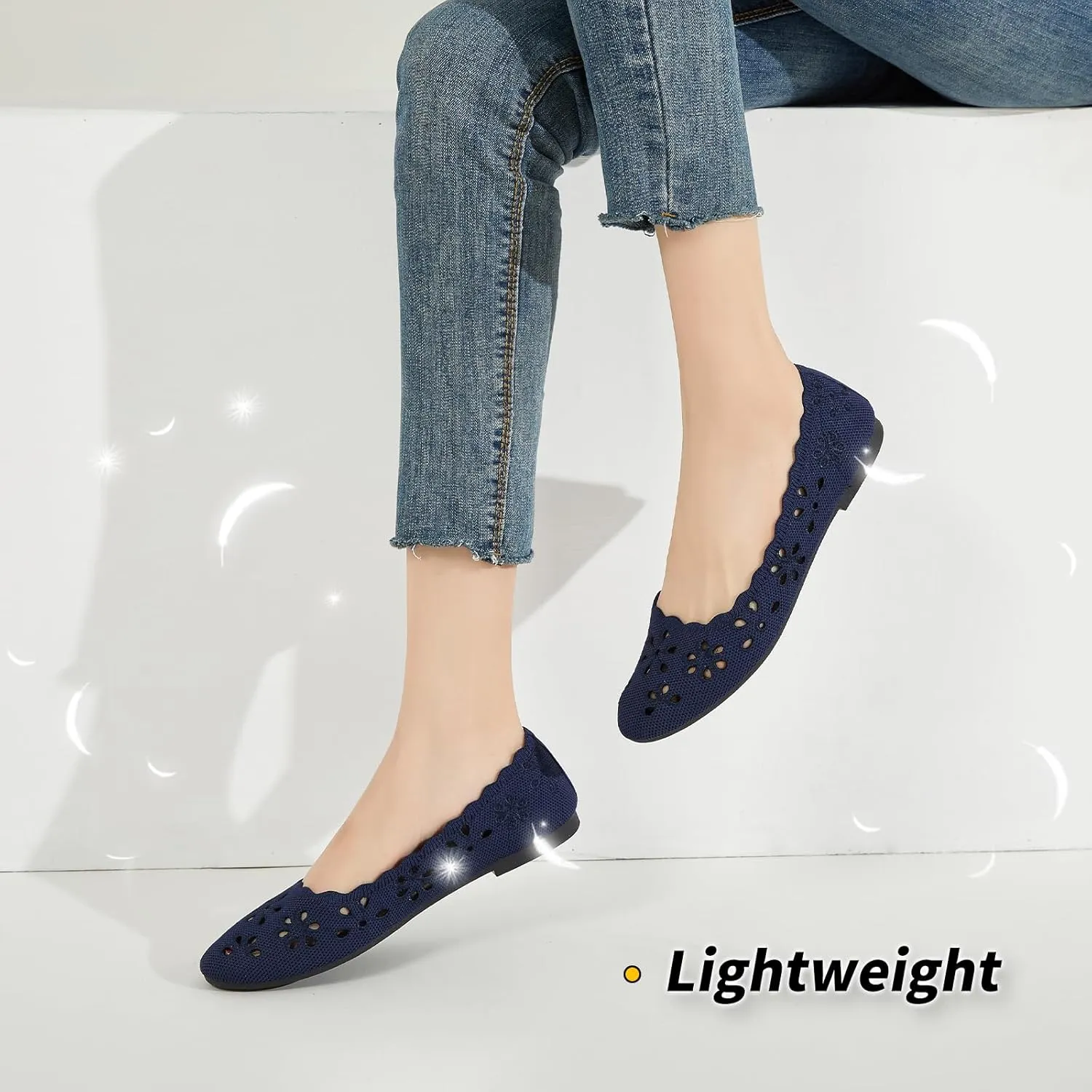 BABUDOG Knit Ballet Flats Shoes for Women,Womens Flats Dressy Comfortable,Women’s Dress Shoes with Flower Eyelets,Slip on Casual Walking Flats