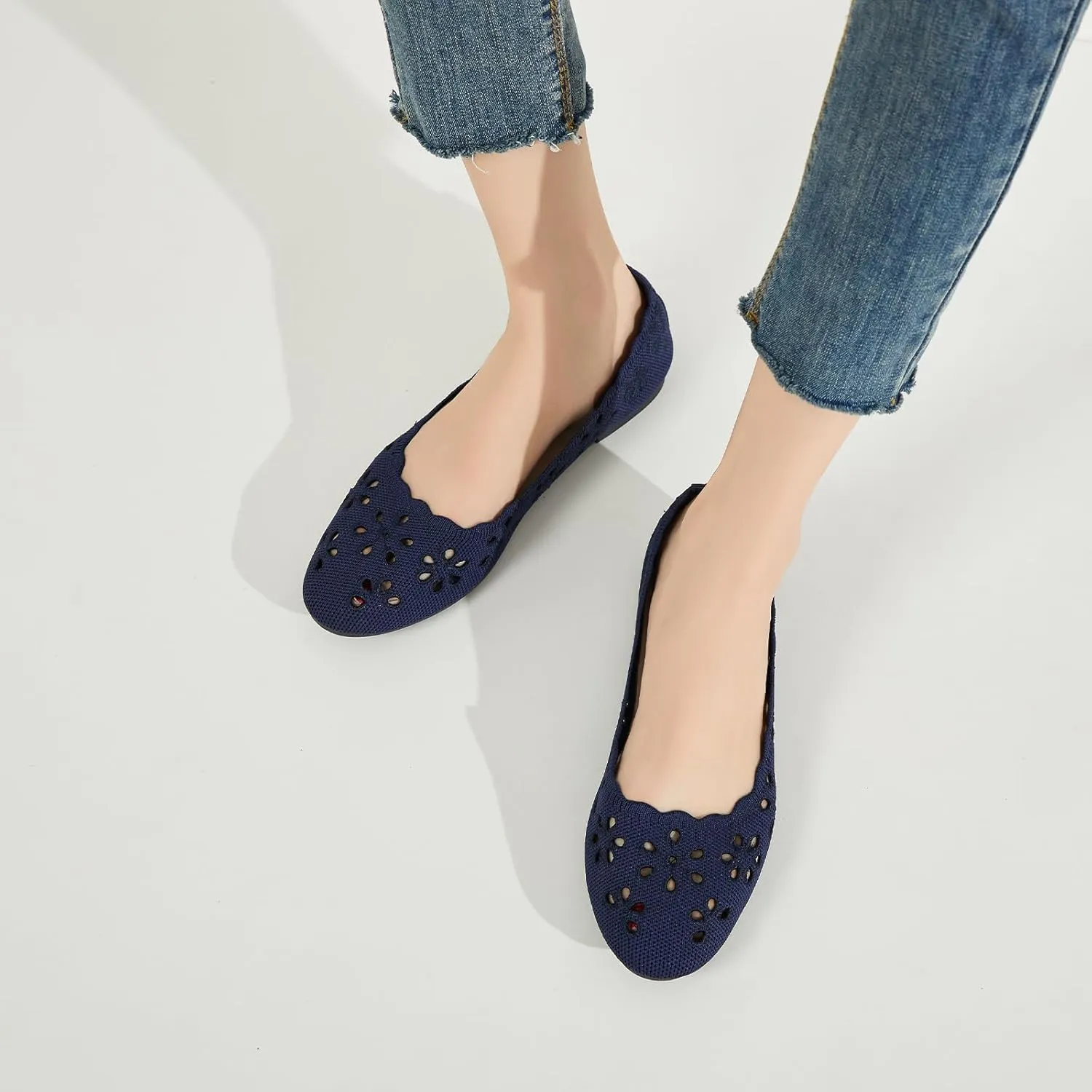 BABUDOG Knit Ballet Flats Shoes for Women,Womens Flats Dressy Comfortable,Women’s Dress Shoes with Flower Eyelets,Slip on Casual Walking Flats