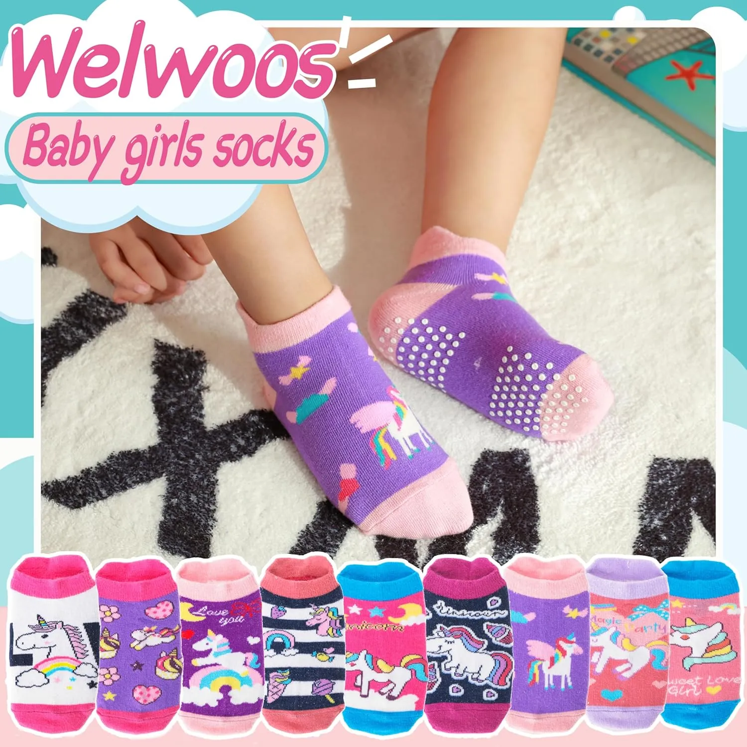 Baby Girls Boys Toddlers Grips Socks Kids Non Slip Anti Skid Ankle Cotton No Show Socks with Grippers