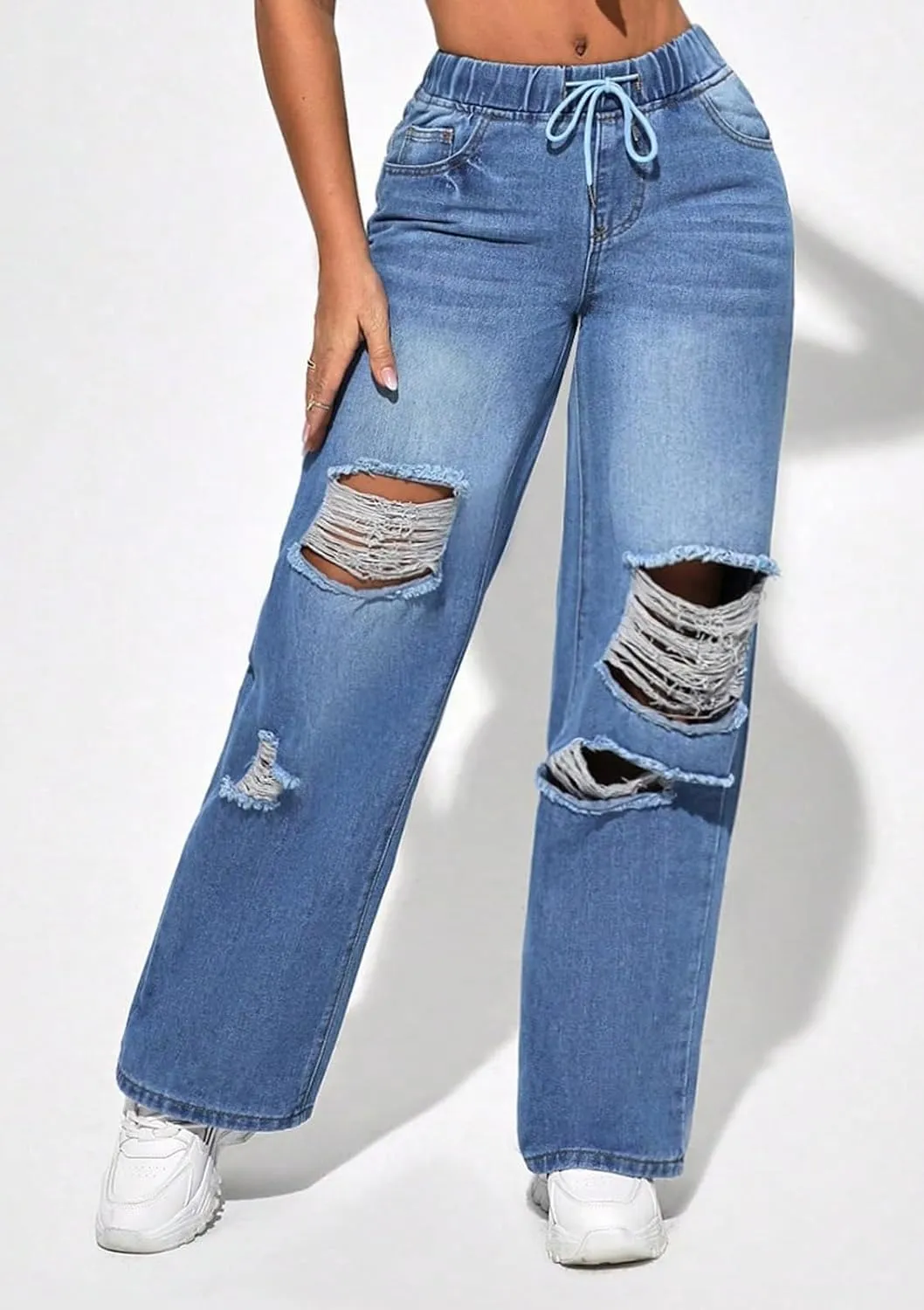 BestGirl Women's Baggy Jeans Pull On Stretchy Loose High Waisted Wide Leg Denim Pants Y2K 90s